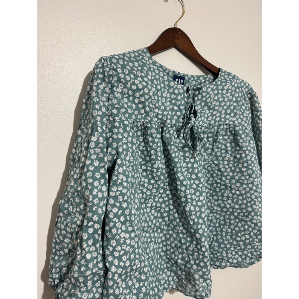 GAP Womens XXL Teal Green Daisy Floral Cotton Tie Neck Boho Peasant Blouse Top - Picture 2 of 9